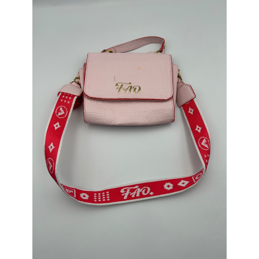 FAO Schwarz Pink Embossed Crossbody Bag Red Woven Strap Satchel Gold Logo B1180